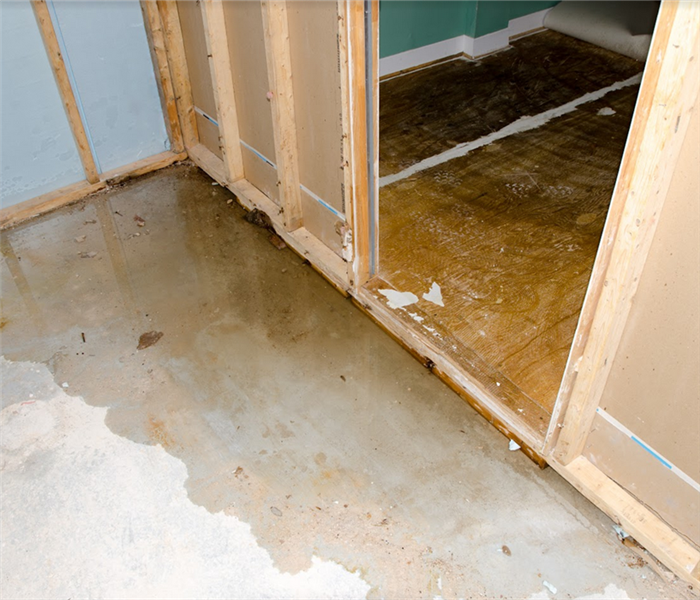 a flooded basement with water leaking out of a room onto the concrete floor